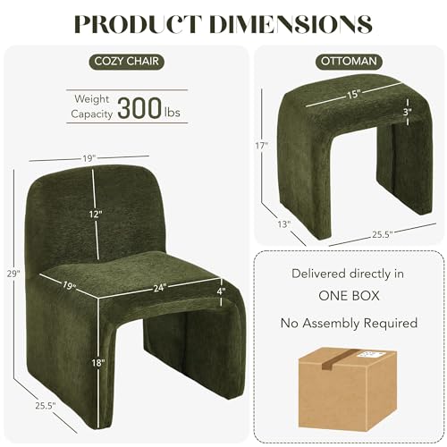 Hyfirm Accent Reading Chair with Ottoman, Chenille Upholstered Comfy Armless Accent Chair with Footrest Modern Side Lounge Chair for Living Room Bedroom, Moss Green - color: Green Chenille