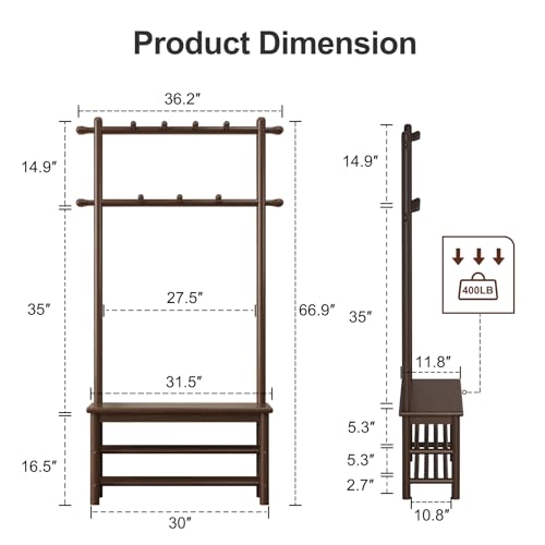 AQIMUELE Hall Tree, Coat Rack with Shoe Storage, Wooden Hall Tree with Bench, 11 Hooks and 2-Tier Storage Shelves, Entryway Bench with Coat Rack (31.5" - Deep Walnut) - color: Deep Walnut, size: 31.5"