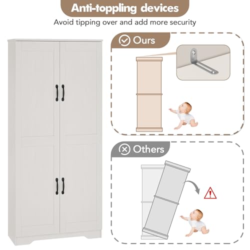 Garvee Kitchen Pantry Cabinet, Freestanding White Pantry Storage Cabinet, 60 in Cupboard, Tall Bathroom Storage Cabinet with 2 Doors and Adjustable Shelves, for Dining Room, Living Room, White | Kitchen Storage Cabinet with 2 Doors & Adjustable Shelves, W