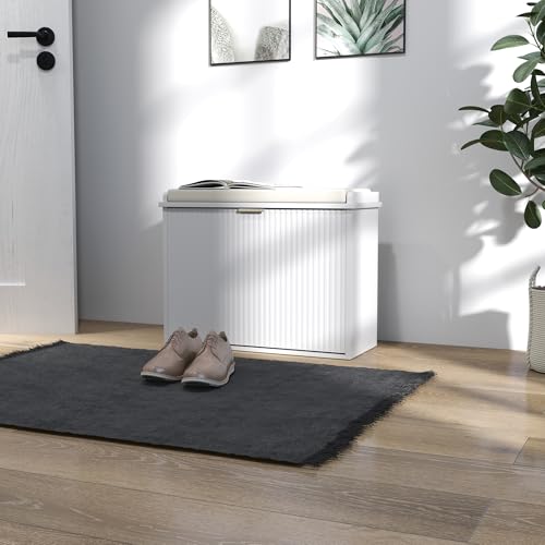 HOMCOM Narrow Shoe Bench with Padded Cushion 24.4x10.2x18.7 Inches White | Shoe Storage Cabinet, Flip-Drawer, Adjustable Shelf, Small Entryway Bench, Holds up to 265lb - color: White, size: 24.4" x 10.2" x 18.7"