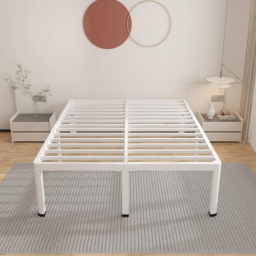 ROIL 18 Inch White Queen Bed Frame with Rounded Corner & 4 Mattress Baffles | Easy Assembly, Noise Free, 3500LBS Load Capacity, No Box Spring Needed, 16.4" Storage Space, Headboard Hole, Heavy Duty Steel - size: Queen, style: 18 Inch White
