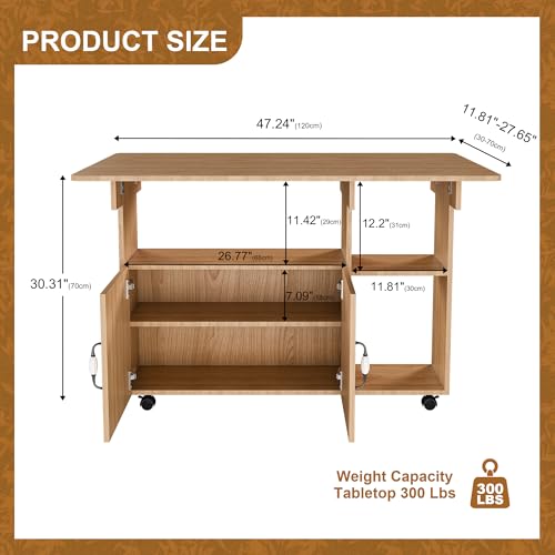 KEIKI 47 Inch Foldable Dining Table, Multi-Functional Folding Table with Storage Shelves and Wheels, Drop Leaf Extendable Dining Desk, Versatile Foldable Side Table for Kitchen, Dorm, Office, Walnut - color: Walnut