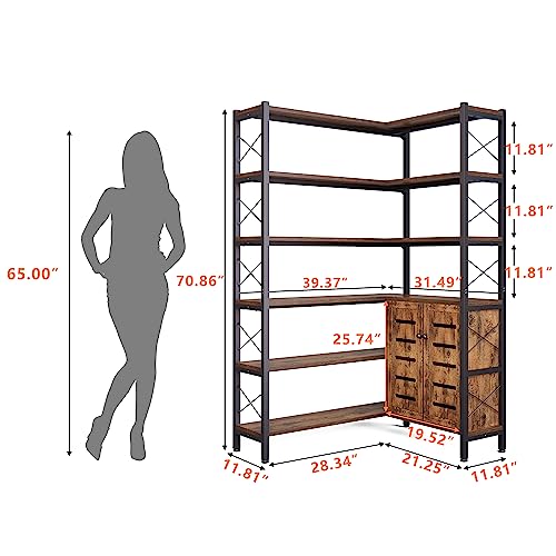 Wildhome 6-Shelf Corner Bookshelf, Vintage Industrial Corner Shelf Etagere Bookcase, Large Book Shelf with Metal Frame Open Storage Corner Cabinet (Brown-Lockers) - color: Brown, size: Medium With Storage Cabinet