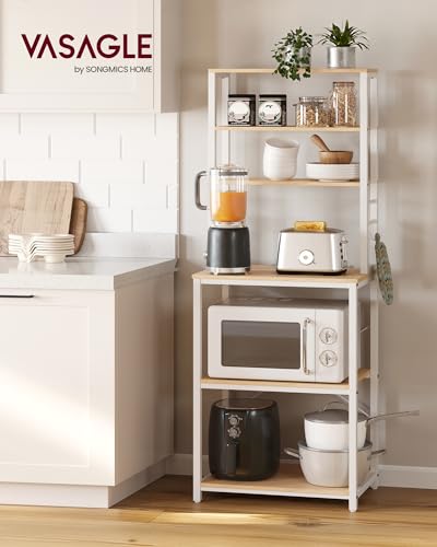VASAGLE Coffee Bar, 23.6 Inches 6-Tier Baker's Rack with 6 Hooks | Modern Basic Microwave Stand, 23.6 x 15.7 x 65.7 Inches, Golden Oak and Cloud White, BARNET Collection UKKS024W09 - color: Golden Oak + Cloud White, size: 23.6"W, style: No Power Outlet
