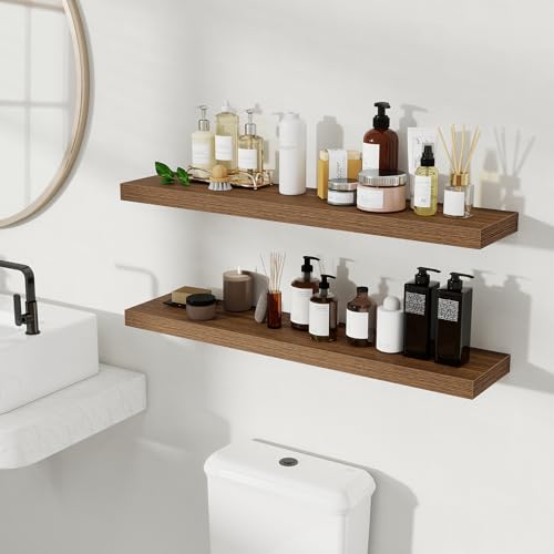 Fun Memories Floating Shelves for Wall, 36 Inch Long Set of 2 Rustic Wood Wall Shelves with Invisible Brackets, Heavy Duty Storage Display for Living Room Bedroom Kitchen, Walnut - color: Walnut Brown, size: 36"W x 6.5"D, Set of 2