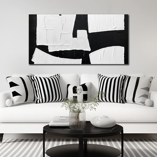 Black and White Abstract Art Wall Decor Minimalist Hand Painted Wall Art | Canvas Wall Picture for Living Room,Home Office Apartment Dining Room Hotel Hallway Decoration Size 24 x 48 Inch - color: Black and White, size: 48"L x 24"W Painting