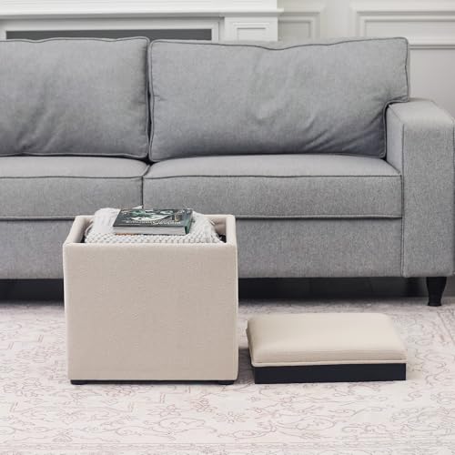 Storage Square Ottoman with Tray, Small Linen Foot Rest Stool Cube, Coffee Table for Dorm Living Room Bedroom, Beige - color: Beige