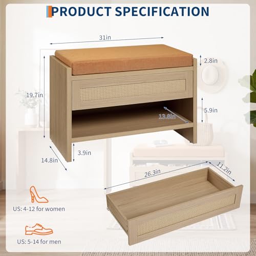 Rattan Drawer Shoe Bench with Soft Cushioned Seat for Hallway | Entryway Storage Shoe Stool - color: Light Oak