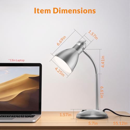 LEPOWER Metal Desk Lamp, Adjustable GooseNeck Reading Light for Bedroom | Compact & Sturdy, Space-Saving for Bedside & Dorm, E26 Table Lamp, Eye-Caring, Ideal for Study, Office, Back to School - color: Silver