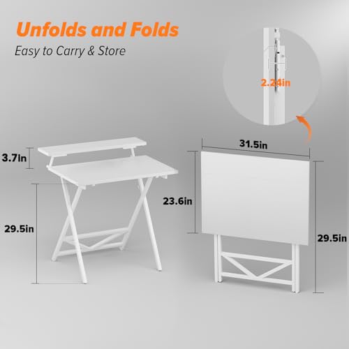 WOHOMO Folding Computer Desk with Monitor Stand, Adjustable Height, White | Foldable Table Small Office Desk for Bedroom, Space Saving Desk for Home Office, Easy Assembly - color: White