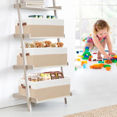 Closet Organizer Bins 3 Pack, Large Storage Bins for Shelves | Foldable Closet Storage Boxes Baskets with Leather Handles for Organizing Clothes, Sheets, Jeans, Toys, Books(Begie) - style: 3 Pack Begie & White