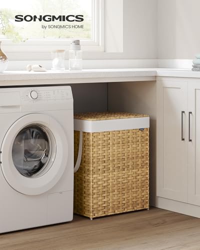 SONGMICS Laundry Hamper with Lid, 29 Gal (110 L) Synthetic Rattan,Foldable | Clothes Laundry Basket with Handles, Removable Liner, Goose Yellow, ELIOTT Collection ULCB152Y01 - color: Goose Yellow, size: 110 L