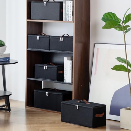 2PCS Storage Bin DVD Box CD Case Holder Basket with Zippered Lids | Cotton Linen Fabric Container, Decorative Foldable Stackable Washable Shelf Closet Organizer, PU Leather Handles, Black-Small - size: Small ( Pack of 2 )