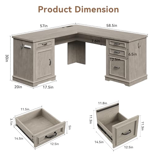Farmhouse L Shaped Executive Desk with 4 Drawers, Home Office Desk with Hidden Under-Desk Storage Shelf and Charging Station, File Cabinet Storage, Wood Corner Computer Desk for Work and Study(Grey) - color: Grey