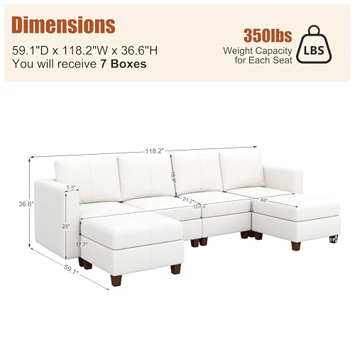 MINCETA Modular Sectional Sofa, Modern Comfy Sofa with Upholstered and Storage Ottoman for Living Room,Bedroom(White, 6 Seat U Shape) - color: White, size: 118.2"W*59.1"D U Shape