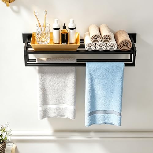 STWWO Towel Racks for Bathroom Wall Mounted, 24 Inch Black Double Towel Bar | Dual Towel Rack with Shelf, Double Towel Bar with Shelf, Stainless Steel Hand Towel Hanger, Bath Towel Holder for Wall - color: Black