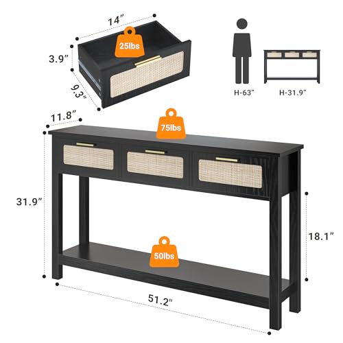 ELYKEN 51.2" Rattan Console Tables with 3 Storage Drawers for Entry Way | Entryway Table, 3 Drawers & Shelf, Black Hallway Table,Narrow Long Boho Sofa Table Behind Couch Entrance Entry - color: Black