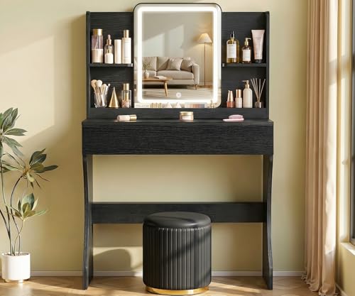 White Small Vanity Desk with Mirror and 3 Adjustable Light Modes | Dimmable Lighting, Multi Storage Area, Quick Assembly, CARB P2 Certified Material - color: Black