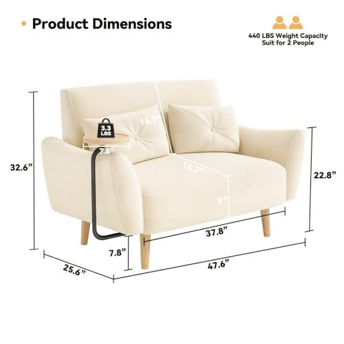 48" Loveseat Sofa - Small Couch for Small Spaces, Convertible Tray Sofa with 2 Pillows, Velvet Couch for Living Room, Bedroom, Apartment, Studio, Beige - color: Beige, size: Velvet