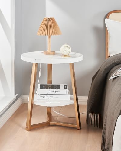 KJGKK Round End Table with Charging Station, 19.7" Dia x 23.63" H, Side Table with Storage Shelf, for Living Room, Bedroom, Faux Marble Top, Gold & White - color: Gold + White