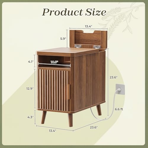 Huuger Narrow End Table with Charging Station, USB-C Port | Fluted Nightstand with Storage Cabinet, Back Rack, Farmhouse Side Table for Small Spaces, Night Stand, Walnut - color: Walnut