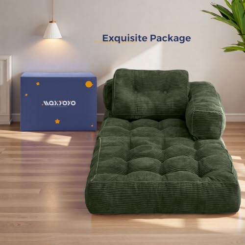 MAXYOYO Folding Sofa Bed, Convertible Chair Bed with Pillow | L-Shaped Floor Sofa with Armrest and Pillow, Foldable Portable Fold Out Comfy Chair Bed for Living Room Bedroom, Dark Green - color: Dark Green