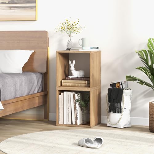 2 Stackable Cubes Bookcase, Wooden Cubby Storage Organizer | Anti-Tipping Device, Small Book Shelf for Small Space, Combination Square Bookshelf Cubes for Living Room, Bedroom, Dorm - color: Natural