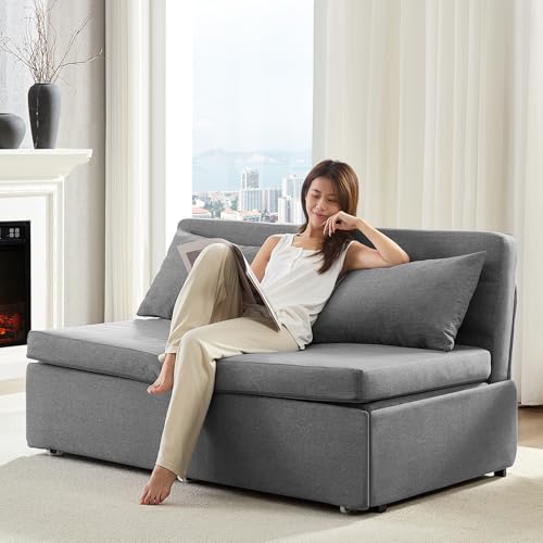 BALUS 64" W Queen Size Pull Out Sleeper Sofa Bed Pull Out Couch -Light Grey | 2 in 1 Convertible Bed, Linen Loveseat Sofa, with Pillow and Tri-fold Mattress,Loft Sofa for Small Space - color: Light Grey, size: Queen