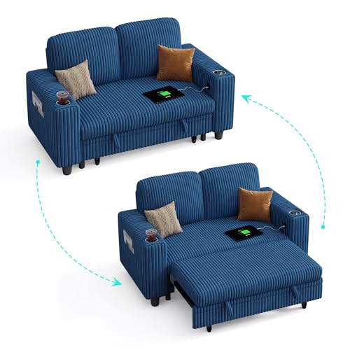 LINSY HOME Loveseat Sofa with Pull Out Couch Chaise: 2-in-1 Convertible 2 Seater Sofa with USB Charging & Cup Holders, Comfy Plush Corduroy Love Seat for Small Spaces Living Room Apartment, Blue