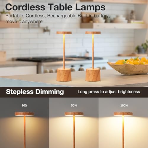 Kakanuo Wooden Rechargeable Cordless Lamp - Touch Control, 3 Color Temperature, LED Outdoor Wireless Lamp, Battery Operated Lamps, Stepless Dimmable, Set of 2 - color: Wood