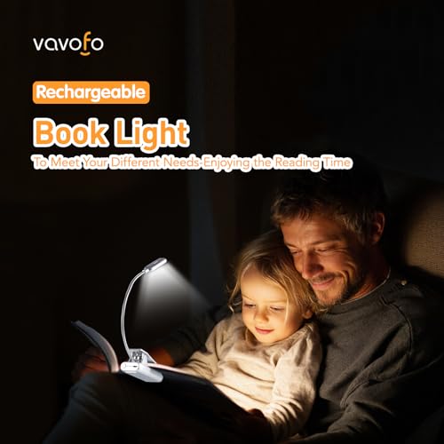 VAVOFO Rechargeable Book Light for Reading in Bed Kids, 7 LED Reading Light with 9-Level Warm Cool White Daylight, Eye Care Lamp with Power Indicator for Bookworms (Silver) - color: Silver