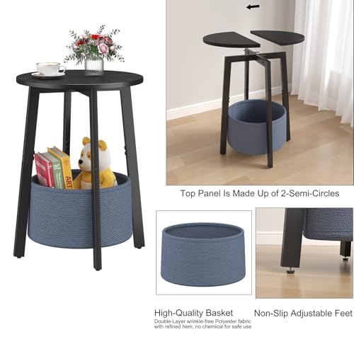 sthmec Small Round Side End Table with Cloth Storage Basket, Round Bedside Sofa Couch Coffee Tables for Small Places with Metal Frame, Modern Nighstands for Living Room Bedroom, Black - color: Black