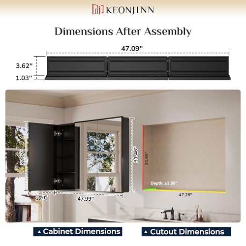 Keonjinn Large Medicine Cabinet Mirror 48 x 32, Black Beveled Frame, 3 Door | Assembly Needed, Adjustable Shelves, Aluminum Rust-Resistant, Surface Mount or Recessed, Suitable for Spacious Bathroom - color: Black, size: 48x32 In