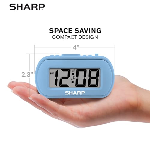 Sharp Battery Alarm Clock with Soft-Touch Case and Backlight, Light Blue | Soft-touch rubberized case; Battery operated; Blue backlight on demand; Ascending alarm; Snooze; Easy to use - color: Blue