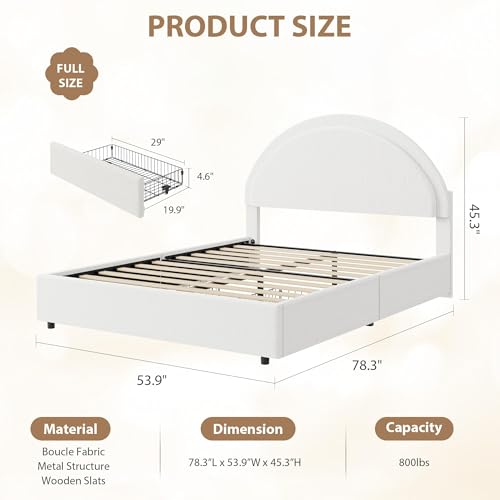 Garvee Full Size Bed Frame with Storage Drawers, Upholstered Boucle Platform Bed with Round Headboard, Heavy Duty & Noise Free, No Box Spring Needed, White | Round Headboard, Heavy Duty & Noise Free, No Box Spring Needed - color: White, size: Full