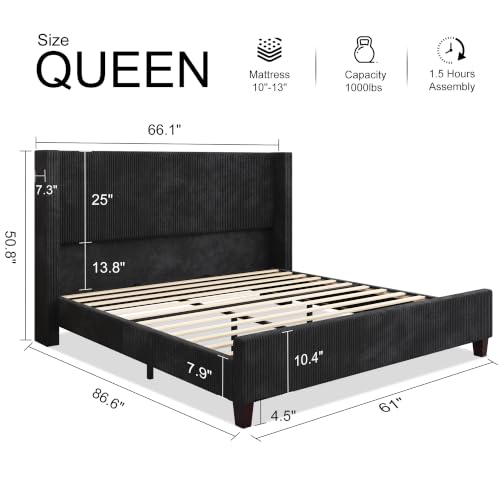 Queen Szie Bed Frame with 50.8 Inch Corduroy Wingback Headboard, Black | Modern Upholstered Platform Bed, Solid Wood Slats, No Box Spring Needed, Noise-Reducing Design - color: Black, size: Queen