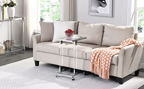Clear Sofa Side Table C Shaped End Table with Wheels, Rolling Acrylic Bedside Laptop Snack Table TV Tray, Mobile Breakfast Tray Table with Tempered Glass Shelves and Clear Acrylic Frame - color: Acrylic Clear, Silver