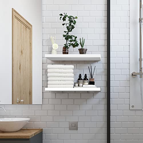 SAUMONIERES 24 Inch Floating Wall Shelves for Bedroom Bathroom Wall Mounted Solid Wood Shelf Storage Set of 2, White - color: White, size: 24 Inch-2 shelves