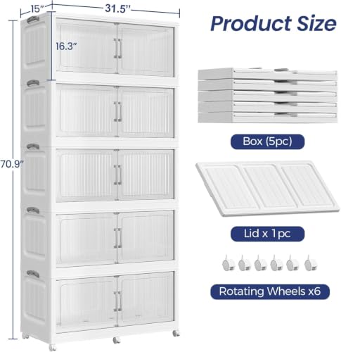 200Gal Extra Large Stackable Storage Bins with Lid, 800QT Foldable Collapsible Storage Box with Doors and Wheels, Plastic Closet Organizers Container Drawer for Bedroom Dorm Kitchen, 5Pack - size: 40Gal-5Pack