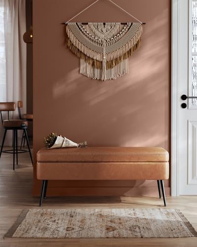 VASAGLE EKHO Collection - Storage Ottoman Bench, Entryway Bedroom Bench, 15 Gallons, Synthetic Leather with Stitching, Mid-Century Modern, Safety Hinges, Loads 660 lb, Caramel Brown ULOM074K01 - color: Caramel Brown, style: 15-Gallon Storage Bench