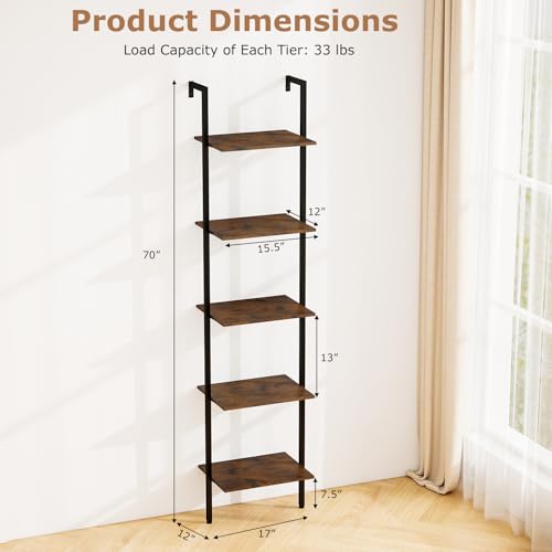 Tangkula 5-Tier Ladder Shelf, 70 Inch Wall-Mounted Open Bookshelf with Anti-Tipping Kits, Metal Frame, Industrial Display Rack Storage Vertical Bookcase for Living Room Home Office (2, Rustic Brown)