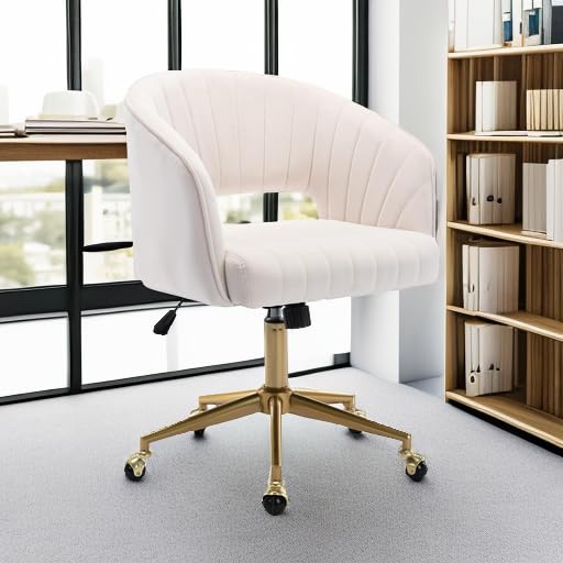 Vanity Chair Velvet Desk Chair with Gold Base for Living Room,Cream | Accent Armchair Upholstered Modern Tufted Chairs for Girls Women Ergonomic Study Seat Computer Task Stools for Bedroom - color: Cream