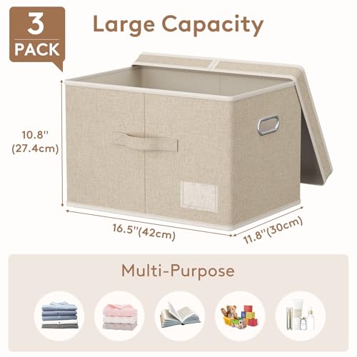 Lifewit Fabric Foldable Storage Bins with Lids and Handles,34.5L,3 Pack | Foldable, stackable clothes storage boxes with handles for decorative closet organization in bedrooms, offices,Beige