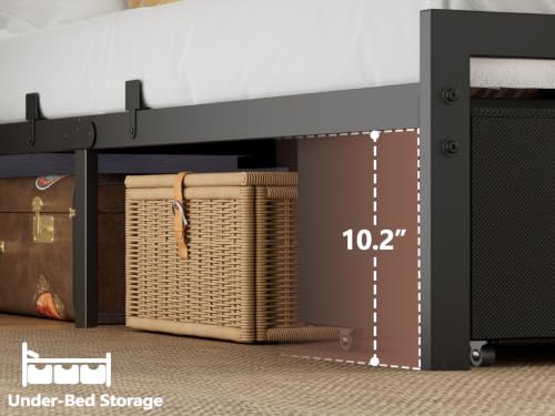 Full Size Bed Frame with 2 Storage Drawers & Upholstered Headboard | Metal Platform Bed with Storage Shelf, Charging Station, LED Lights and Heavy-Duty slats, No Spring Box Needed, Noise-Free - size: Full, style: Bed Frame with Drawer