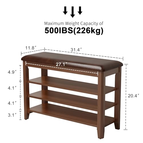 AQIMUELE Shoe Bench with Leather Cushion, 3 Tiers Shoe Storage Bench Height Adjustable, Walnut Wood Entryway Bench for Hallway, Mudroom - color: Walnut, size: 31.5"