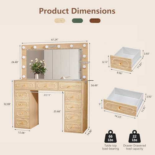 Fluted Vanity Desk with Mirror and Lights, Power Outlets, Modern Wood Vanity Desk Makeup Table with 11 Drawers, 3 Color Modes Dressing Table with Storage for Bedroom, Living Room, Natural - style: Natural