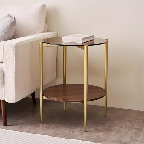 LumFurn D18in Round Glass End Table, Mid-Century Modern Design Side Table for Living Room, D18xH23inch, Amber Glass and Walnut MDF Wood, Conical Legs with Gold Finish Frame - color: D18" Amber & Walnut
