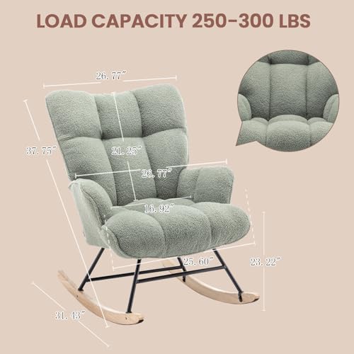 Rocking Chair Nursery Teddy Upholstered Glider Rocker Rocking Accent Chair Padded Seat with High Backrest Armchair Comfy Side Chair for Living Room Bedroom Offices (Green Teddy) - color: Forest Green