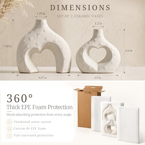 White Ceramic Flower Vases Table Decor Heart Shaped Vase Set of 2 | Nordic Heart Shaped Vases Minimalist Decorative Vase for Table Centerpiece Wedding Dining Living Room Office House Decoration - color: Large Cream White
