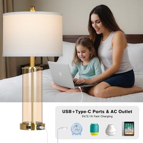 Ruzectt 26" Glass Table Lamp Single, 3-Way Dimmable Touch Control Living Room Lamp with USB C+A Ports & AC Outlet, Modern Bedside Lamps, Bedroom Lamps for Nightstand Side End Table Desk, Brown-1PK - color: Brown-1PK